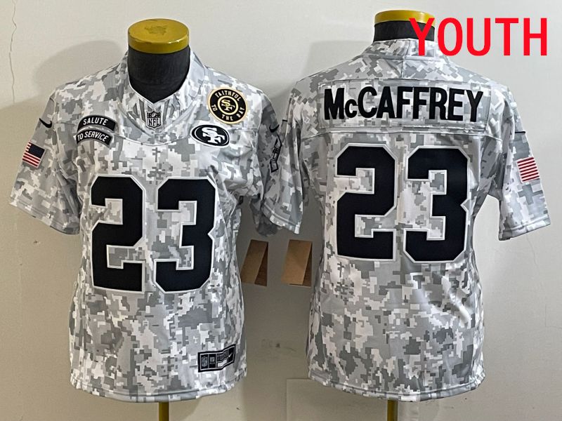 Youth San Francisco 49ers 23 Mccaffrey Nike Arctic Camo 2025 Salute to Service Limited NFL Jersey style 3